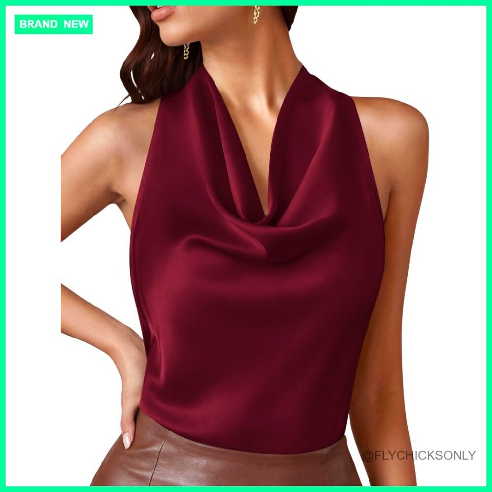 Silk Satin Halter Top Cowl Neck Tie Back Sleeveless Tank Women's Summer